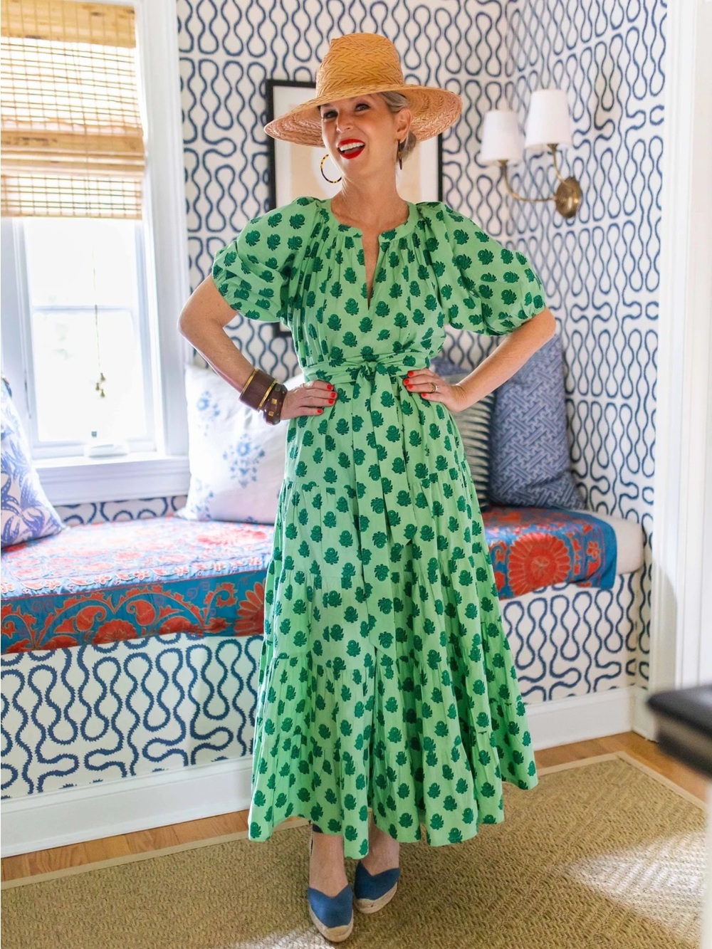 Printfresh Green Printed Puff-Sleeve Maxi Dress